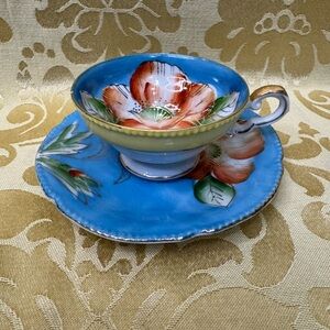 Vintage Porcelain Floral Blue Teacup and Saucer Set